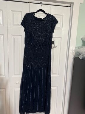 Adrianna Papell Navy Beaded Short-Sleeve Maxi Dress